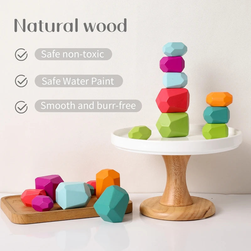 Baby Toy Wooden Building Block Colored Stone Creative Educational Toys Nordic Style Stacking Game Rainbow Stone Wooden Toys