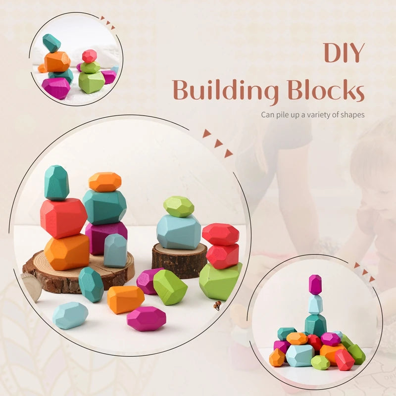 Baby Toy Wooden Building Block Colored Stone Creative Educational Toys Nordic Style Stacking Game Rainbow Stone Wooden Toys